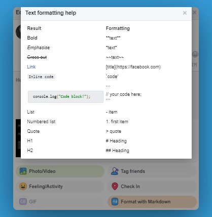 Text formatting options in Facebook posts