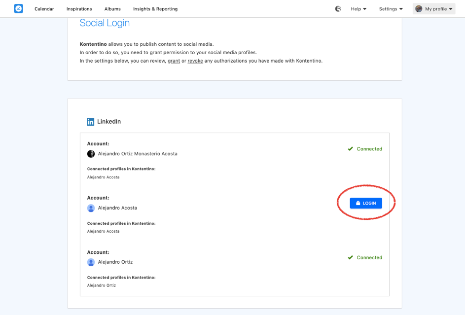 Kontentino LinkedIn login