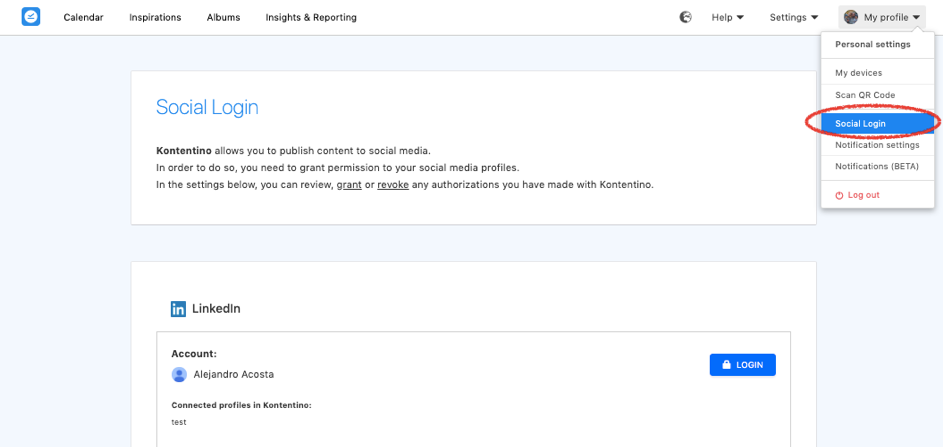 Kontentino Social login dashboard